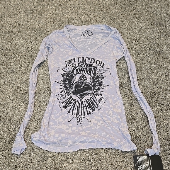 NWT Affliction Women's Vintage Tide Died Sheer Moto Graphic Top Sz M - Picture 1 of 6
